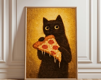 Black Cat Pizza Wall Art Print, Funny Cat Poster, Gold Vintage Aesthetic Decor, Cute Food Art, Kitchen Wall Decor, Gift for Cat Lover