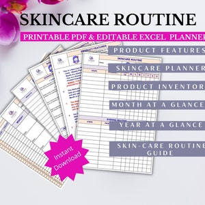 Skincare Routine Planner Printable & Editable - 7 Tage Hautpflege Tracker - Monat und Jahr auf einen Blick Beauty Planner Morgens und Nachts