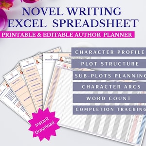 Novel Writing Spreadsheet - All-in-One Editable Book Planner for Authors in Excel -  Writers Planner Workbook for Plotting and Word count