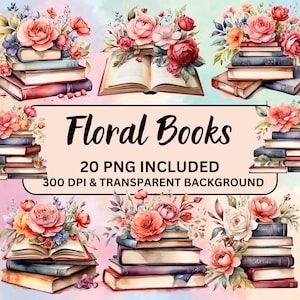 20 Floral Books clipart, Watercolor Floral books, books clipart, Old Books Clipart, Stacked Books clipart, library books  clipart, 300 Dpi