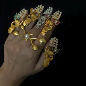 Handcrafted Peacock Nail Rings Set with Pearls | Adjustable Jewelry | Bridal Statement Nail Art Rings | Gold Plated Finger Ring | Gift