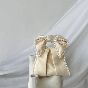 Elegant Pearl Bow Satin Bag | Cream Evening Clutch Purse for Weddings & Parties | Feminine Mini Handbag | Bridal and Bridesmaid Gift | Gift
