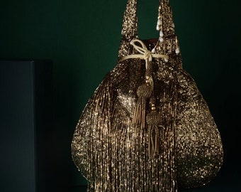 Copper Bridal Potli Bag, Embroidered Fringe Potli Bag For Wedding • Luxury Indian Wedding Bags - Gift For Her