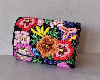Floral Beaded Bag, Beaded Clutch Handbag, Flower Beaded Bag For Women, Crossbody Bag • Gift for Her • Unique Bag