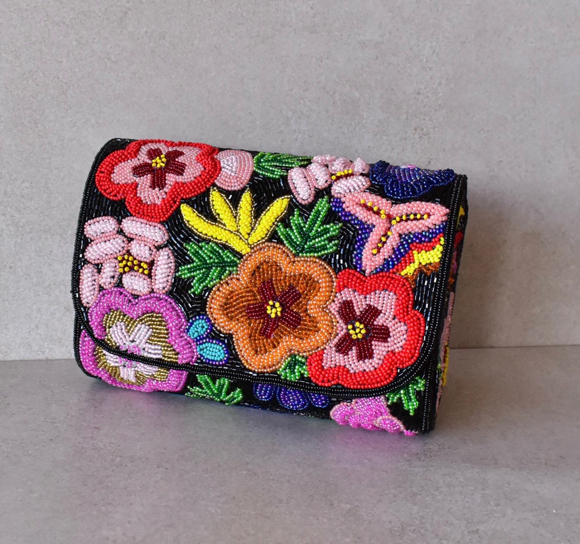 Floral Beaded Bag, Beaded Clutch Handbag, Flower Beaded Bag