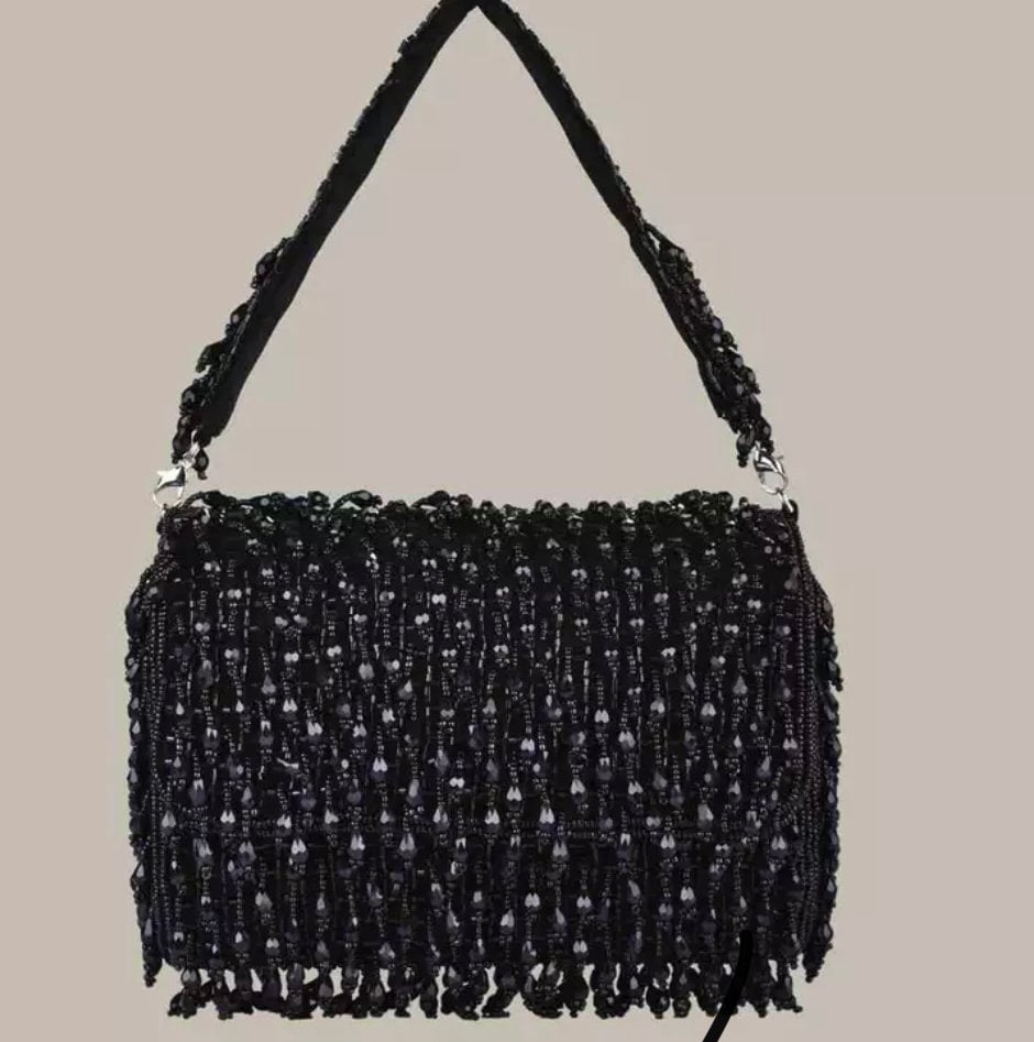 クラッチバッグ Black Beaded Handmade Clutch Embroidered Beaded Flapover Clutch, Rhinestone Bag