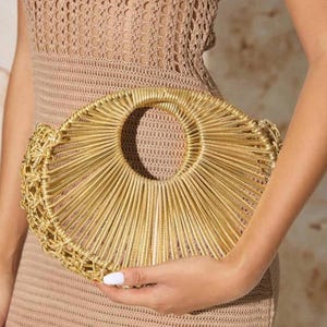 Gold Woven Rattan Clutch Bag | Handmade Straw Circle Purse | Boho Beach Handbag | Summer Vacation Bag | Statement Bag | Unique Gift for her