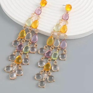 Colorful Dangle Earrings – Long Multi-Gemstone Drop Earrings, Boho Statement Jewelry, Gold Plated Pastel Earrings, Gift for Her