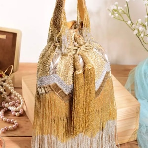 Hand Embroidered Bag, Fringe Potli Bag For Wedding • Fringes Embroidered Potli Bag • Indian Wedding Bags - Gift For Her