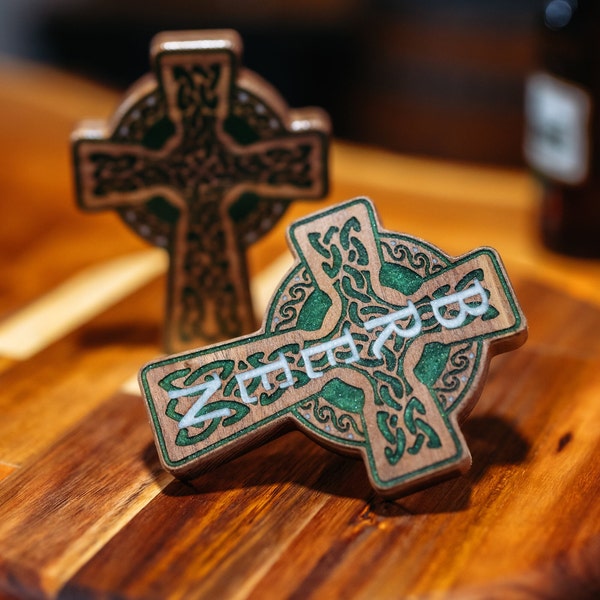 Celtic cross bottle opener, Celtic cross, magnetic, engraved bottle opener magnet, Irish gifts, Irish ornament, Ireland, green wooden cross