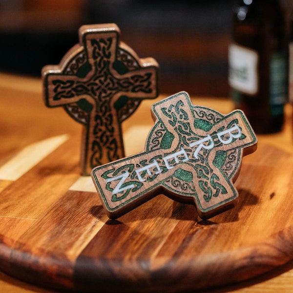 Celtic cross bottle opener, Celtic cross, magnetic, engraved bottle opener magnet, Irish gifts, Irish ornament, Ireland, green wooden cross