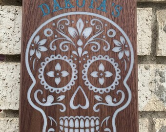 Sugar skull magnetic bottle opener, wood bottle opener, personalized wall mount bottle opener, beer, epoxy art work, bar bottle opener