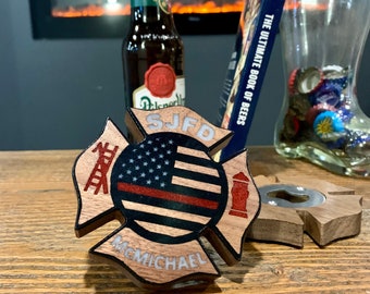 Firefighter bottle opener, thin red line, flag, fire department, personalized gift for firemen, fireman ornament, Maltese cross, magnetic