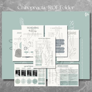 Puede incluir: Un conjunto de formularios de quiropráctica imprimibles con un fondo azul claro. Los formularios incluyen un plan de atención, un informe de hallazgos, un gráfico de la columna vertebral y una lista de verificación para alcanzar el bienestar. Los formularios están decorados con ilustraciones florales.