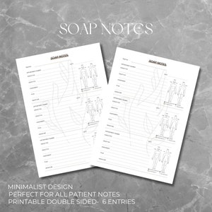 Può includere: Modello di note SOAP stampabile con sei voci su ogni lato. Il modello include uno spazio per il nome del paziente, il numero di appuntamento, la data, soggettivo, obiettivo, valutazione, piano e firma. Il modello include anche uno schema del corpo per la registrazione.