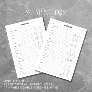 May include: Printable SOAP notes template with six entries. The template includes a space for the patient's name, appointment number, subjective, objective, assessment, plan, date, and signature. The template also includes a body outline for charting.