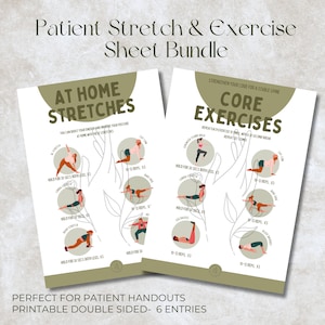 Könnte beinhalten: Zwei weiße Blätter mit Übungsillustrationen und Text. Auf einem Blatt steht "At Home Stretches" und auf dem anderen "Core Exercises". Beide Blätter enthalten Übungsdiagramme und Anweisungen. Der Text unten lautet "Perfekt für Patientenhandouts, beidseitig bedruckbar - 6 Einträge."