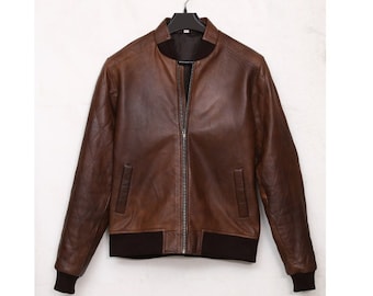 Chaqueta de cuero de piel de oveja genuina color canela para hombre