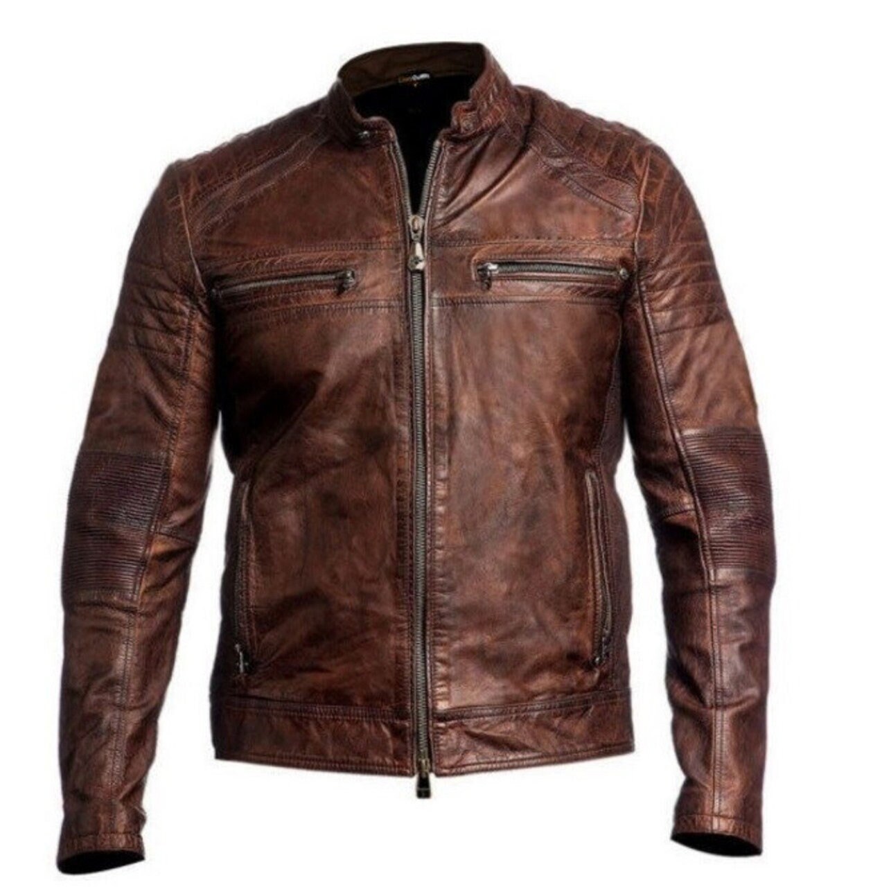 Genuine Cowhide Leather Jacket for Men Motorcycle Biker Dark Brown