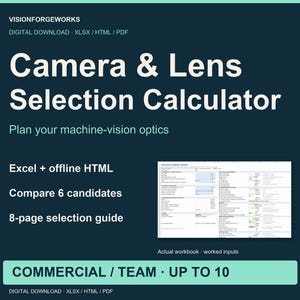 Machine Vision Camera and Lens Calculator, Excel + HTML, Commercial License
