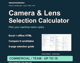 Machine Vision Camera and Lens Calculator, Excel + HTML, Commercial License