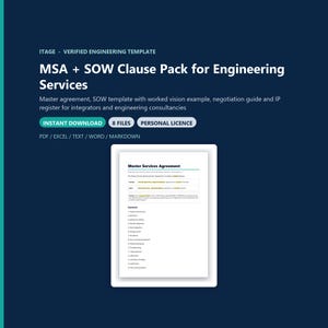 May include: A digital document template titled MSA + SOW Clause Pack for Engineering Services, featuring a Master Services Agreement page with a table of contents, available in PDF, Excel, Text, Word, and Markdown formats for engineering consultancies.