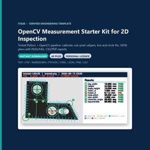 May include: An OpenCV Measurement Starter Kit for 2D Inspection digital template. The dark blue graphic displays a technical inspection report for a black L-shaped bracket, featuring measurement data, pass/fail results, and geometric analysis.