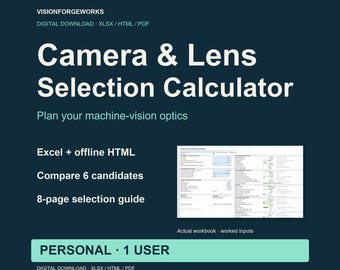 Machine Vision Camera and Lens Calculator, Excel + HTML, Personal License
