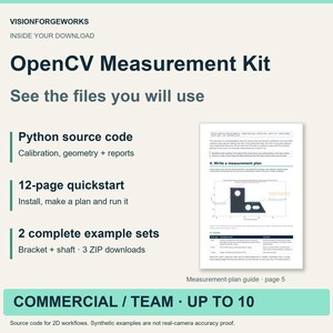 OpenCV Measurement Kit contents: Python source code — Calibration, geometry + reports; 12-page quickstart — Install, make a plan and run it; 2 complete example sets — Bracket + shaft · 3 ZIP downloads. Actual preview: Measurement-plan guide · page 5. Commercial / Team: up to ten named users in one company.