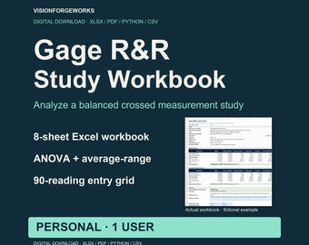 Gage R&R Study Workbook, Excel ANOVA and Python Calculator, Personal License
