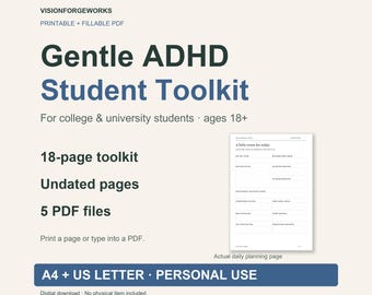 ADHD College Student Planner, Printable and Fillable PDF, A4 and US Letter