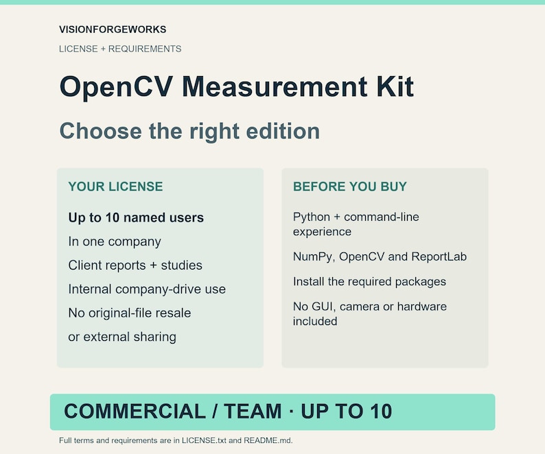 OpenCV Measurement Kit. Commercial / Team: up to ten named users in one company. Client deliverables and internal company-drive use allowed. No original-file resale or external sharing. Requirements: Python + command-line experience, NumPy, OpenCV and ReportLab, Install the required packages, No GUI, camera or hardware included.