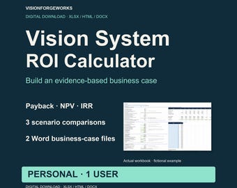 Machine Vision ROI Calculator, Excel and Word Business Case, Personal License