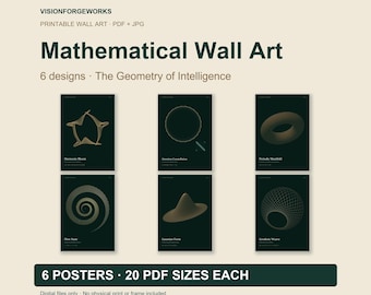 Mathematical Wall Art Set of 6, Forest Green Geometry Prints, PDF and JPG