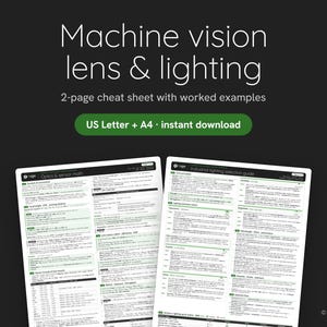 Può includere: Una scheda tecnica di due pagine su lenti e illuminazione per visione artificiale con esempi pratici. Il documento presenta testo tecnico, tabelle e diagrammi su sfondo bianco, con il titolo Machine vision lens & lighting in alto.