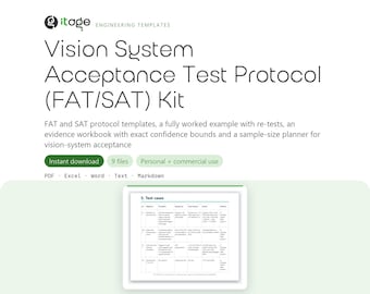 Vision System FAT SAT Protocol Templates, Factory and Site Acceptance Test, Word and Excel Workbook, Worked Example