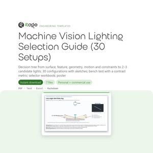 Machine Vision Lighting Guide, 30 Illumination Setups with Sketches, Decision Tree Poster, Selector Excel and PDF