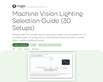 Machine Vision Lighting Guide, 30 Illumination Setups with Sketches, Decision Tree Poster, Selector Excel and PDF