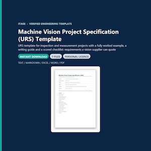 Op de afbeelding: Een digitaal documentsjabloon getiteld Machine Vision Project Specification (URS) Template, met een inhoudsopgave en een tabel voor projectvereisten. De set bevat zeven bestanden in tekst-, markdown-, excel-, word- en pdf-indelingen.