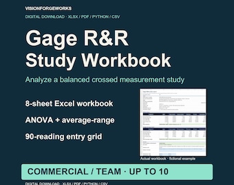 Gage R&R Study Workbook, Excel ANOVA and Python Calculator, Commercial License