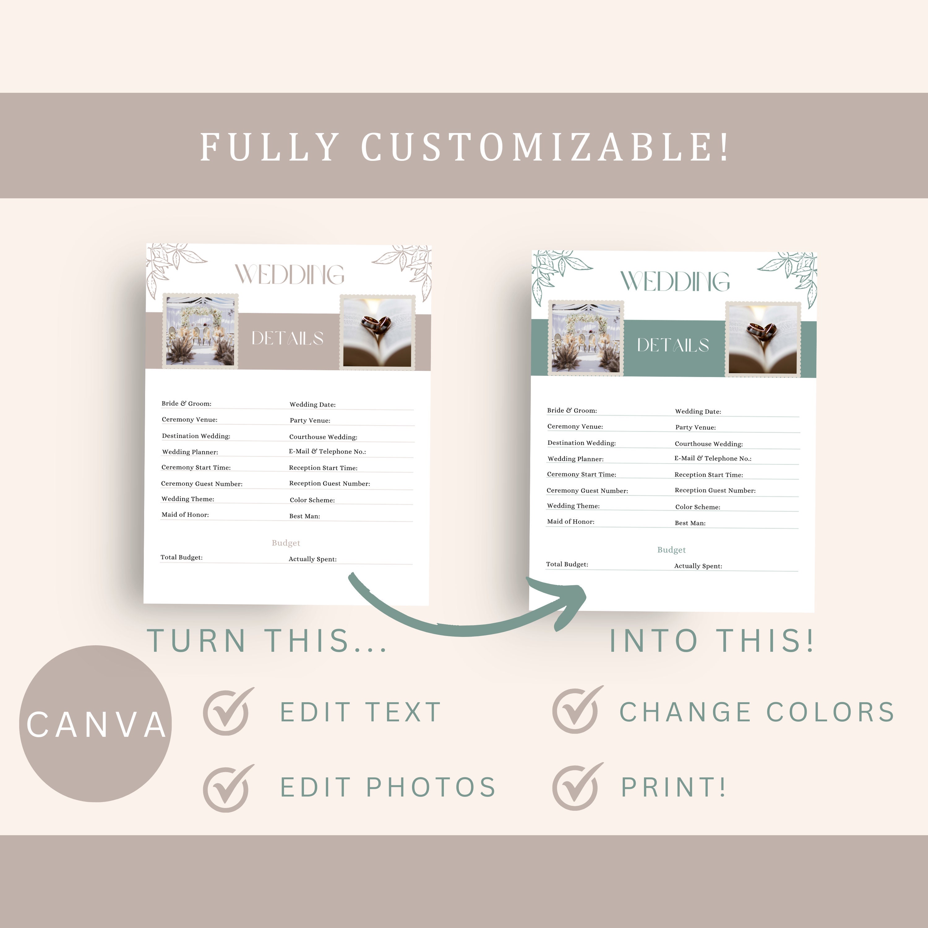 Wedding Planner Printable Bundle, Honeymoon Planner, Bridal Shower
