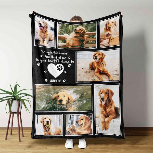 Custom Dog Cat Photo Blanket Collage, Memorial Gift For Dog Cat Lover, Pet Sympathy Gift Keepsake, Dog Loss Gift Paw Print Blanket With Text