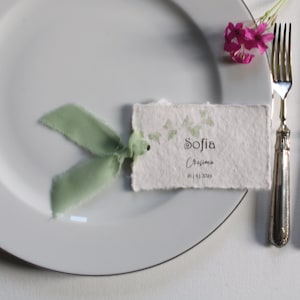 Segnaposto personalizzabile Prima Comunione, Cresima, in carta fatta a mano e chiffon di seta verde