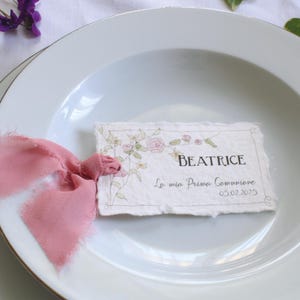 Segnaposto personalizzabile Prima Comunione, Cresima, in carta fatta a mano e chiffon di seta