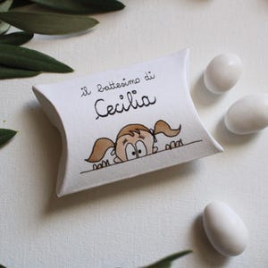 Bomboniera per Battesimo, nascita, Prima Comunione, Cresima, Compleanno | Scatolina porta confetti personalizzabile a cuscino, | set 10 pz.