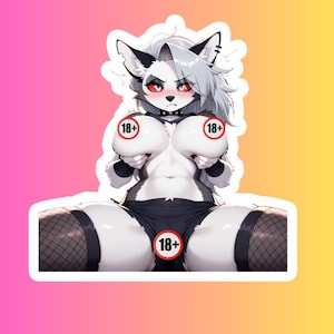 May include: A sticker featuring a cartoon character with a wolf-like appearance, with white and gray fur, red eyes, and a stern expression. The character is wearing black underwear and fishnet stockings. The image includes "18+" symbols.