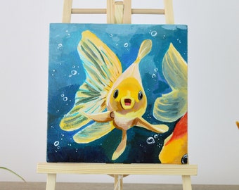 Golden Fish Acrylic Painting, Vibrant Yellow Fish with Transparent Tail, Dark Blue Ocean Background, Unique Wall Art