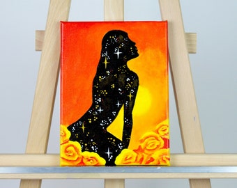 Silhouette féminine, peinture acrylique des secteurs cosmiques, rouge, jaune et orange, étoiles et roses