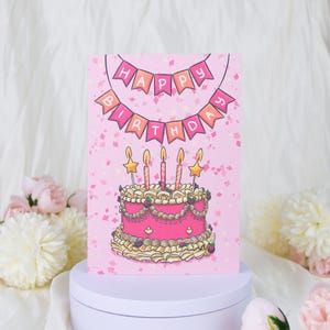 Biglietto di auguri con torta di compleanno, biglietto di auguri rosa di buon compleanno, simpatico biglietto di auguri di compleanno per lei o per un'amica, biglietto di auguri di compleanno con torta rosa, biglietto di celebrazione