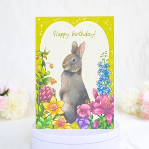 Biglietto di auguri di compleanno con coniglietto, biglietto di auguri pasquale con coniglietto, biglietto con fiori colorati dei cartoni animati per lei, biglietto illustrato con coniglietto per amanti degli animali